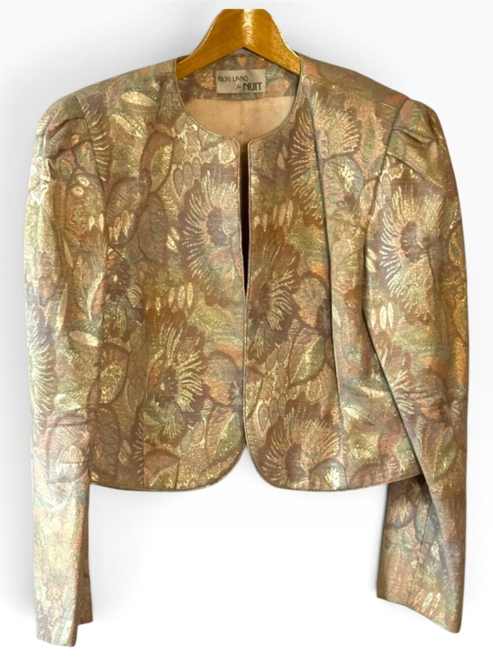 Ricki Lang For Nuit Metallic Floral Cropped Boho Brocade Jacket Gold/Bronze Vtg